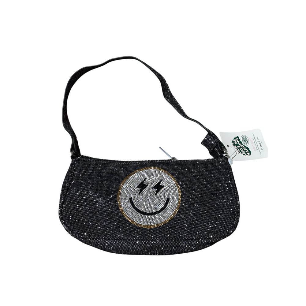 Skinny Dip Don’t Leave me Hanging black smiley face small sequined bag nwt